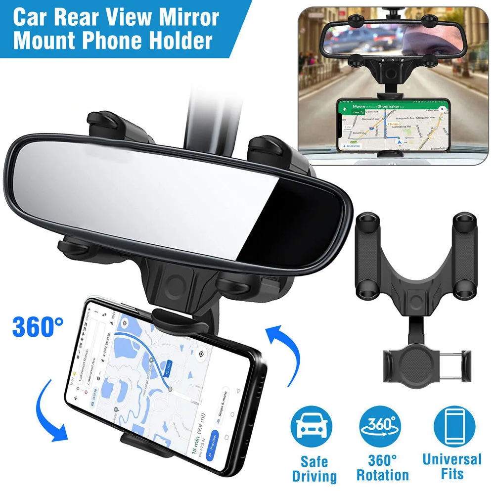Car Phone Holder Cradle Rearview Mirror Mount Stand 360-degree