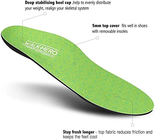 Walk-Hero | Thin and Cushioning Shoe Insoles | High Arch | Green